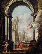 unknow artist ARCHITECTURAL CAPRICCIO WITH THE HOLY FAMILY Spain oil painting artist